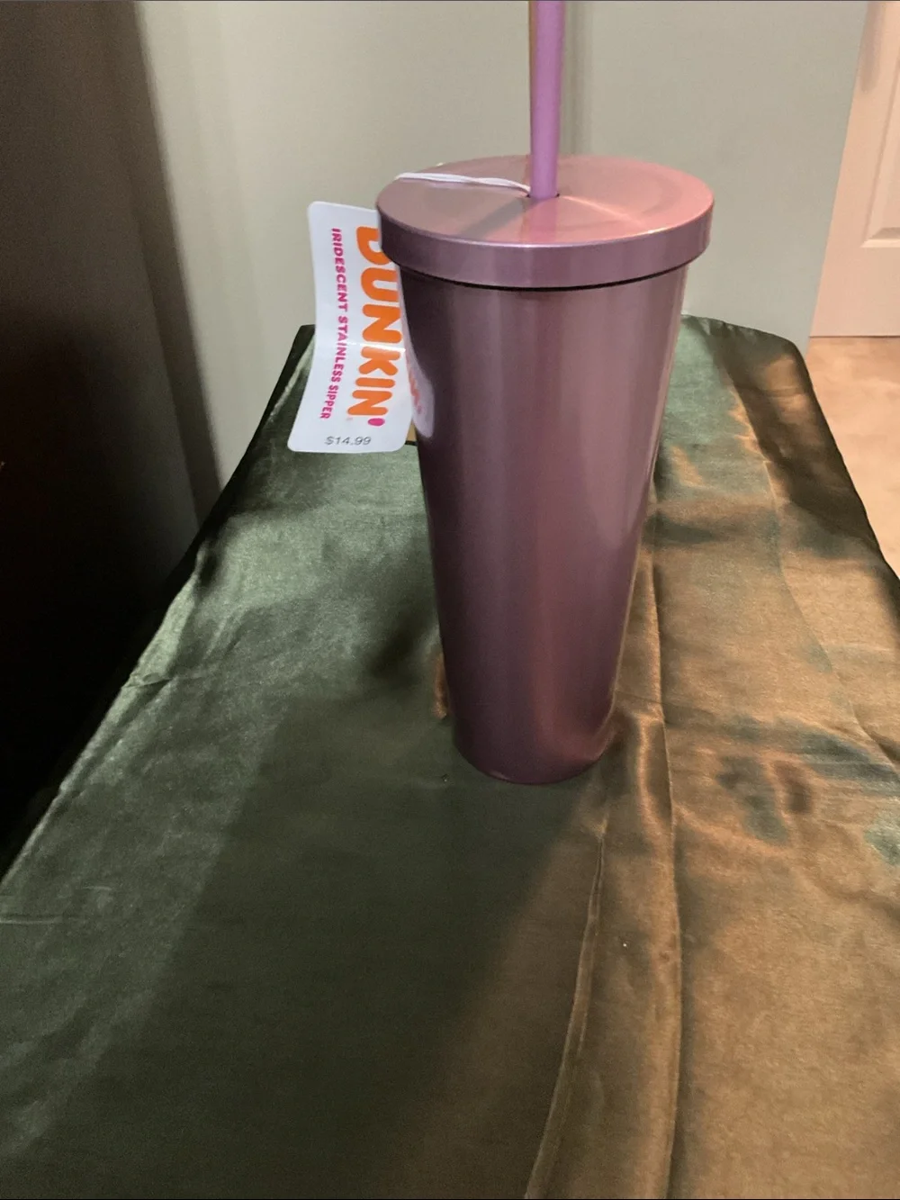Duncan Doughnuts Metallic Pink Holiday Santa Tumbler with Straw